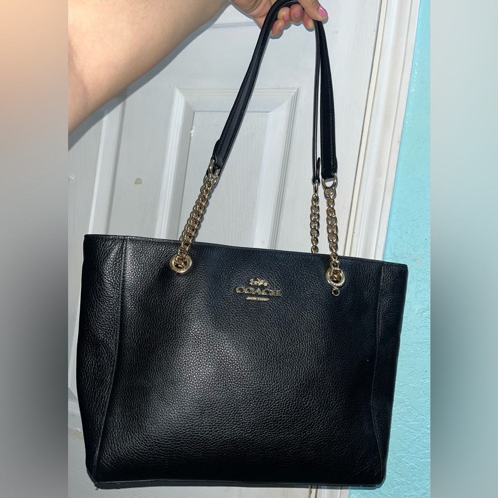 Coach Black Leather Tote with Gold Accents C1566